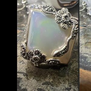 CFJ 925 vintage Silver Ring with Mother of Pearl and Marcasite Accents